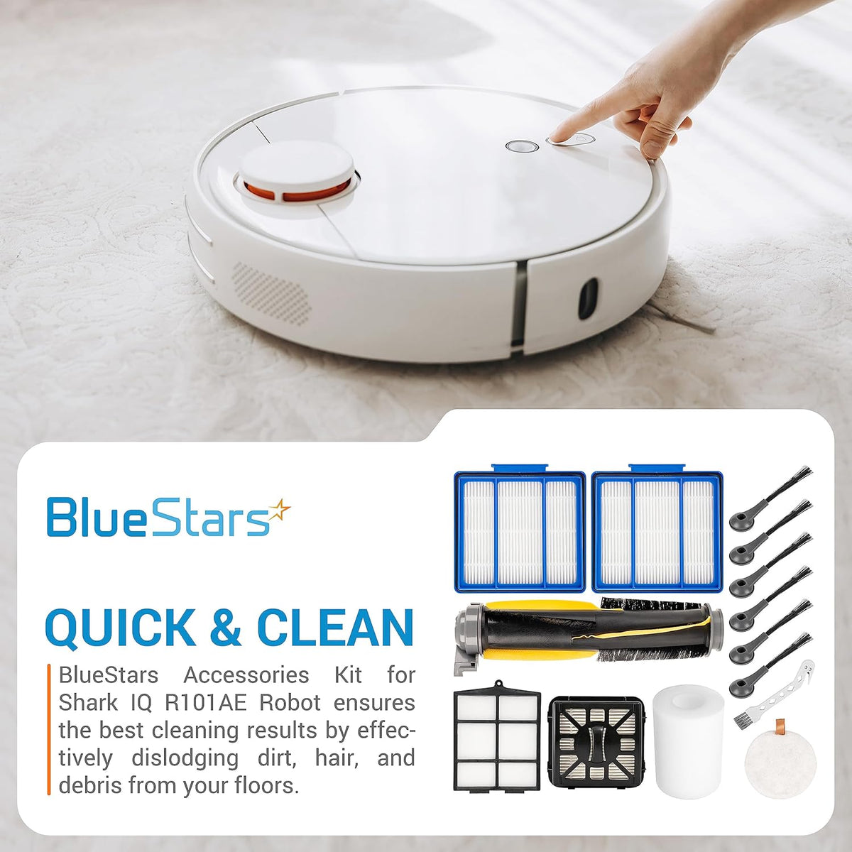 BlueStars accessories kit for Shark IQ robot vacuum including main brush, side brushes, filters, and cleaning tools.