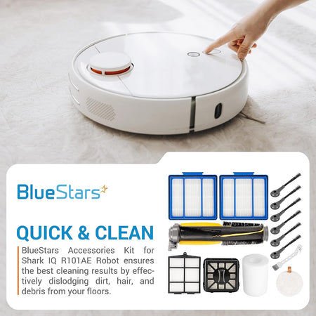 BlueStars accessories kit for Shark IQ robot vacuum including main brush, side brushes, filters, and cleaning tools.
