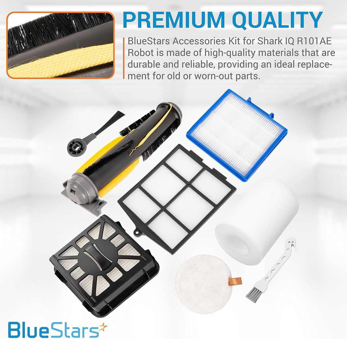 Replacement parts kit for Shark IQ robot vacuum including main brush, filters, foam, and cleaning tool.