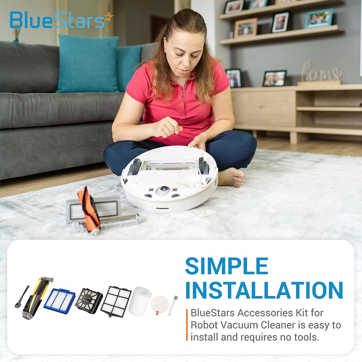 Woman installing replacement parts into a Shark IQ robot vacuum cleaner from the BlueStars accessories kit.