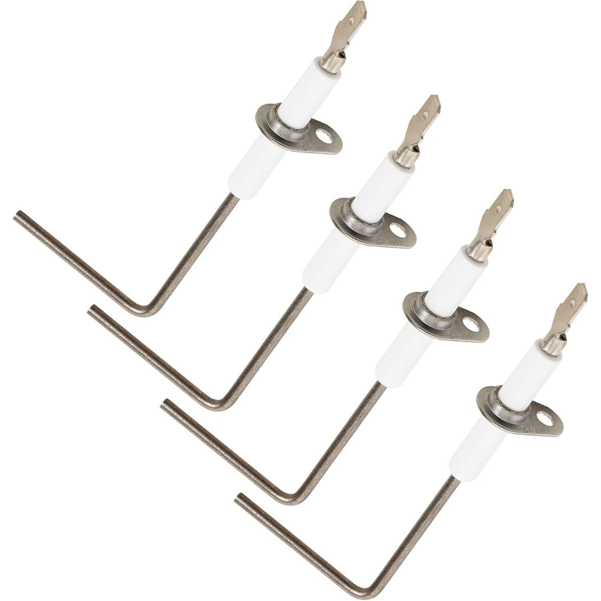 Set of four 62-23543-01 furnace flame sensors with L-shaped metal rods and white ceramic insulators.
