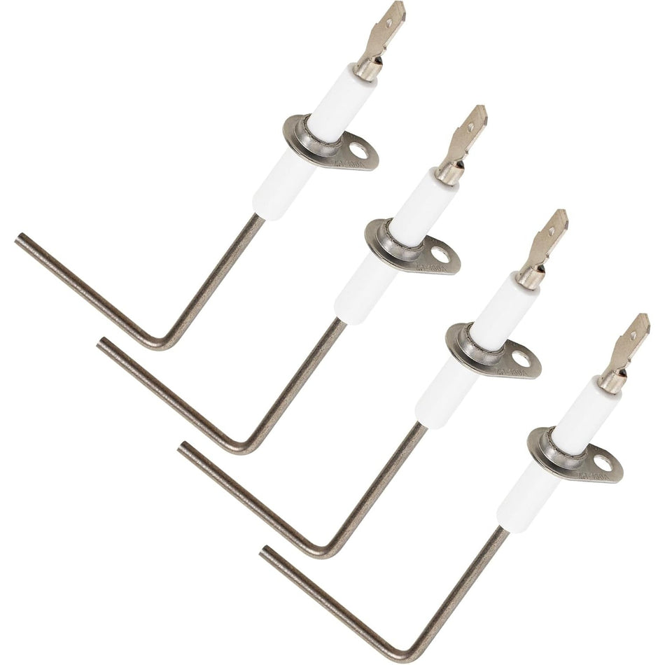Set of four 62-23543-01 furnace flame sensors with L-shaped metal rods and white ceramic insulators.