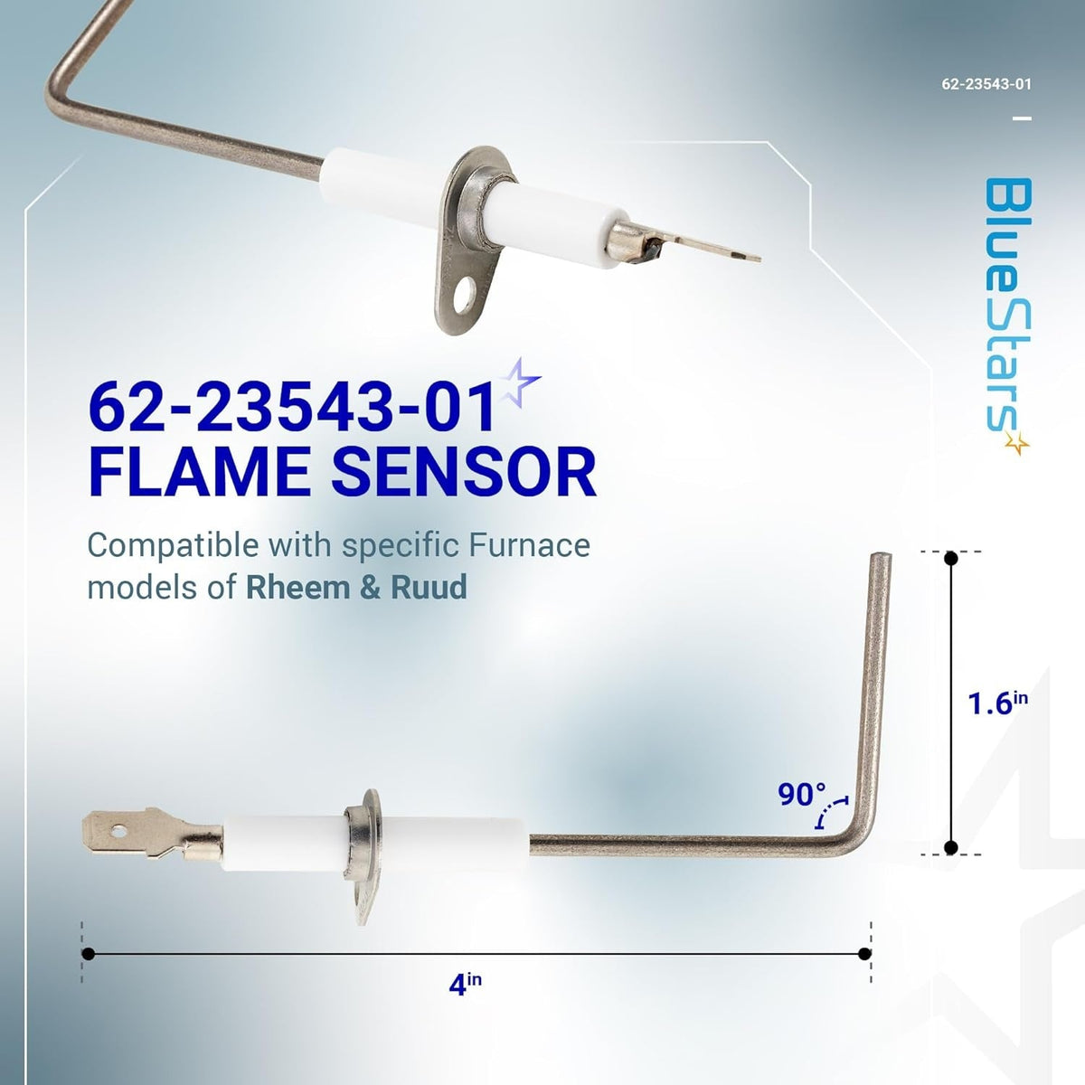 62-23543-01 furnace flame sensor with 90-degree angle and dimensions shown on a technical product diagram.
