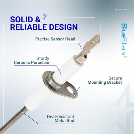 Close-up diagram of 62-23543-01 furnace flame sensor showing sensor head, ceramic porcelain, mounting bracket, and metal rod.