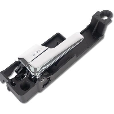 Chrome and black front left driver side interior door handle with unlock label.