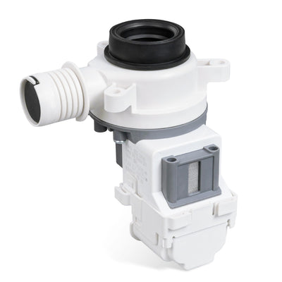 W11399437 replacement washer drain pump with white plastic housing and black rubber inlet seal.