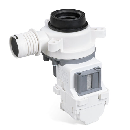 W11399437 replacement washer drain pump with white plastic housing and black rubber inlet seal.