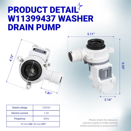 W11399437 washer drain pump showing dimensions and technical specifications for Whirlpool, Maytag, and Kenmore washers.