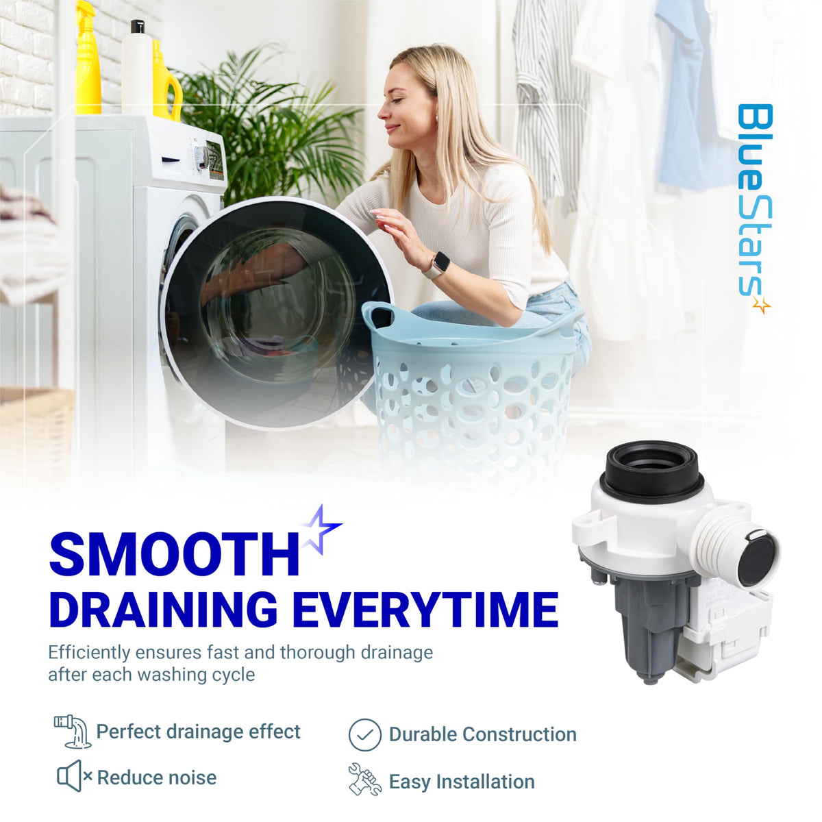 W11399437 washer drain pump replacement for Whirlpool and Maytag washing machines shown with lifestyle background.