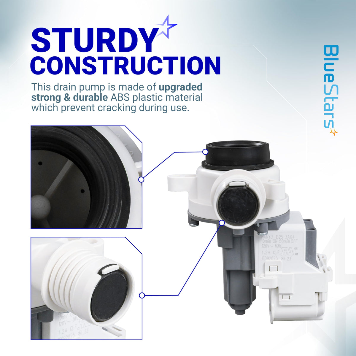 W11399437 washer drain pump showing durable ABS plastic construction and close-up details of the pump housing.