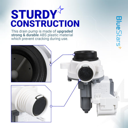 W11399437 washer drain pump showing durable ABS plastic construction and close-up details of the pump housing.