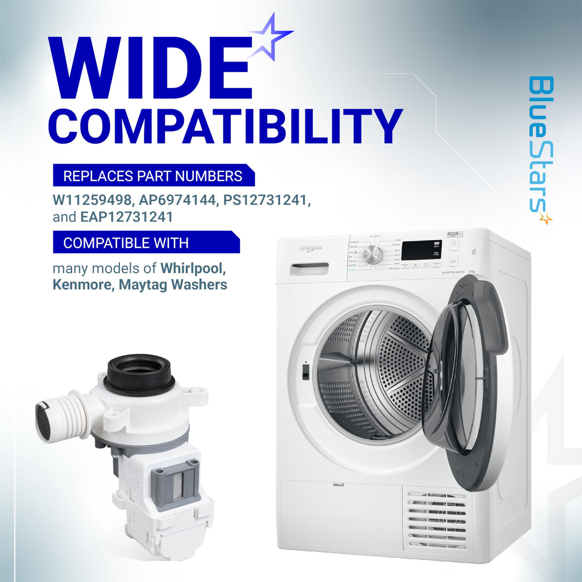 W11399437 washer drain pump shown with compatible Whirlpool dryer and replacement part number information.