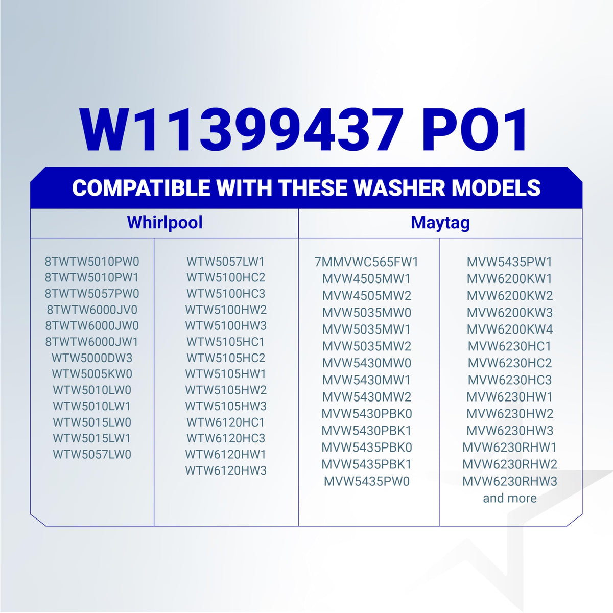 Compatibility chart for W11399437 washer drain pump listing Whirlpool and Maytag model numbers.