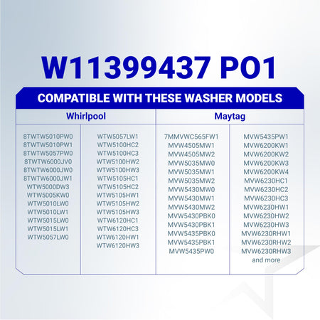Compatibility chart for W11399437 washer drain pump listing Whirlpool and Maytag model numbers.