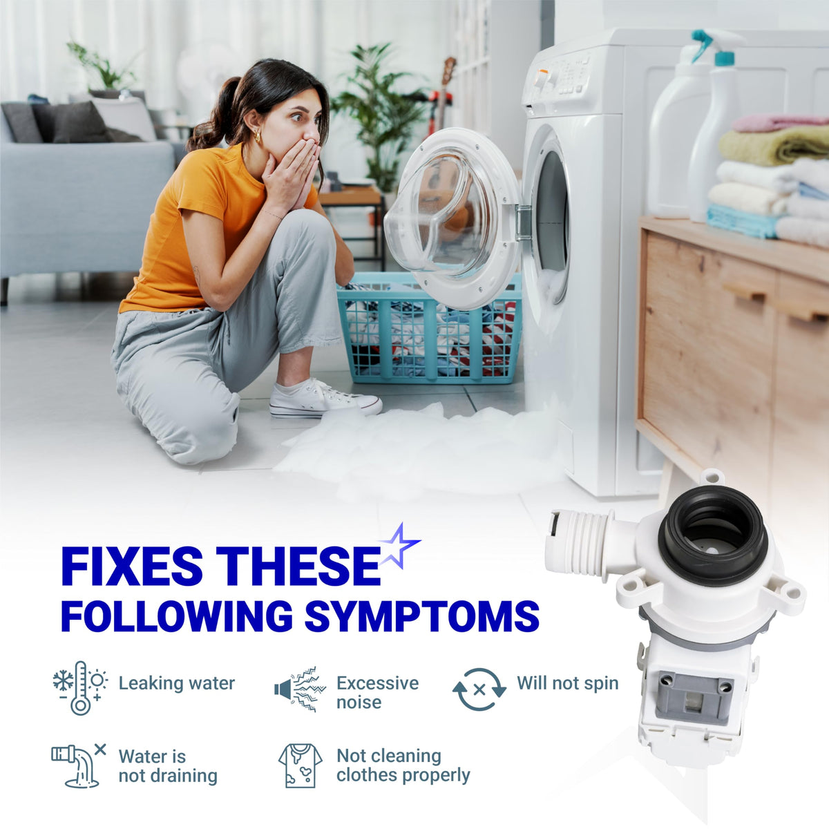W11399437 washer drain pump shown with a list of common appliance repair symptoms and a leaking washing machine.