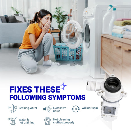 W11399437 washer drain pump shown with a list of common appliance repair symptoms and a leaking washing machine.