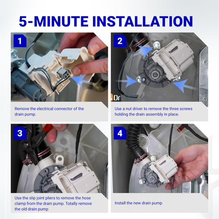Four-step installation guide for W11399437 washer drain pump showing removal and replacement process.