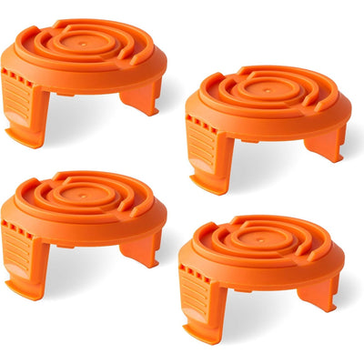 Four orange replacement spool cap covers for Worx GT trimmers, compatible with WA0010 and 50006531 parts.