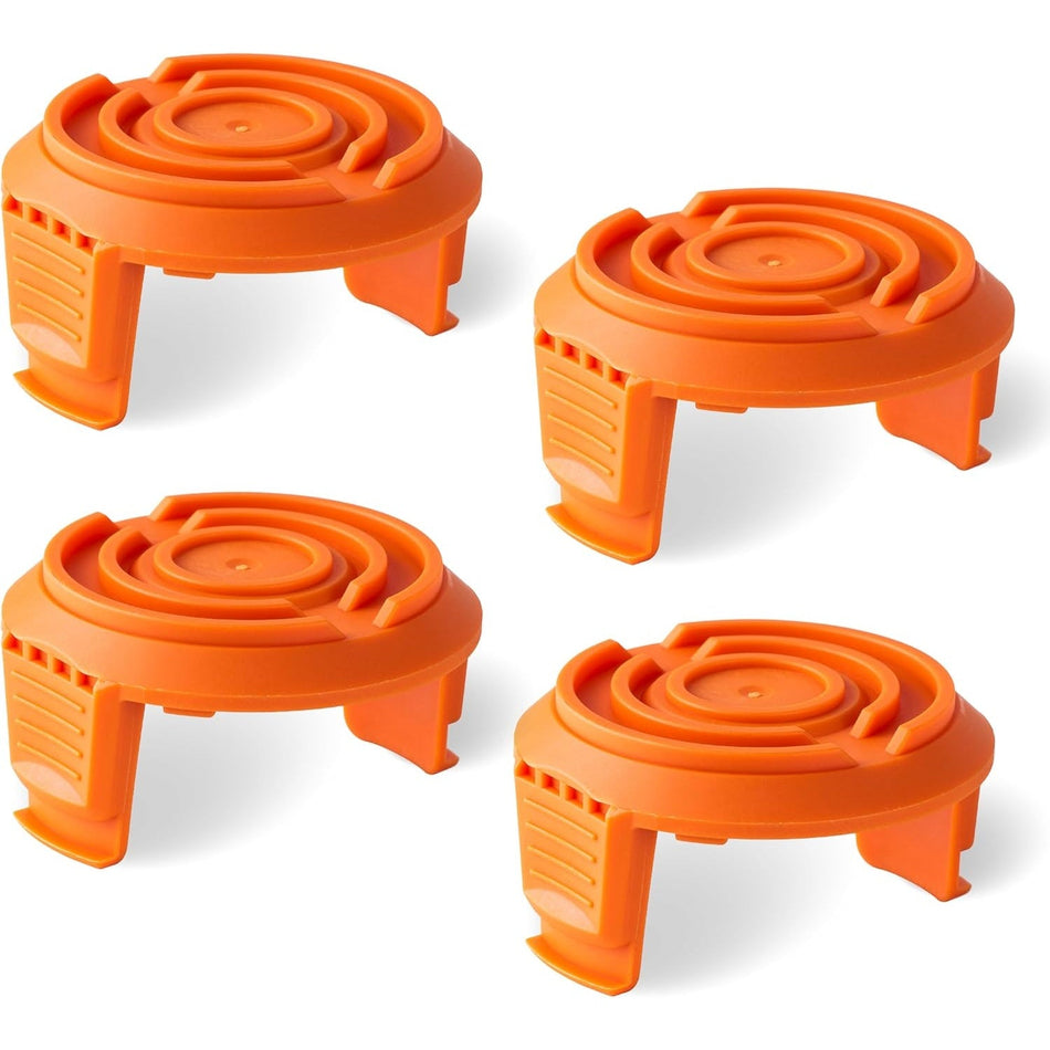 Four orange replacement spool cap covers for Worx GT trimmers, compatible with WA0010 and 50006531 parts.