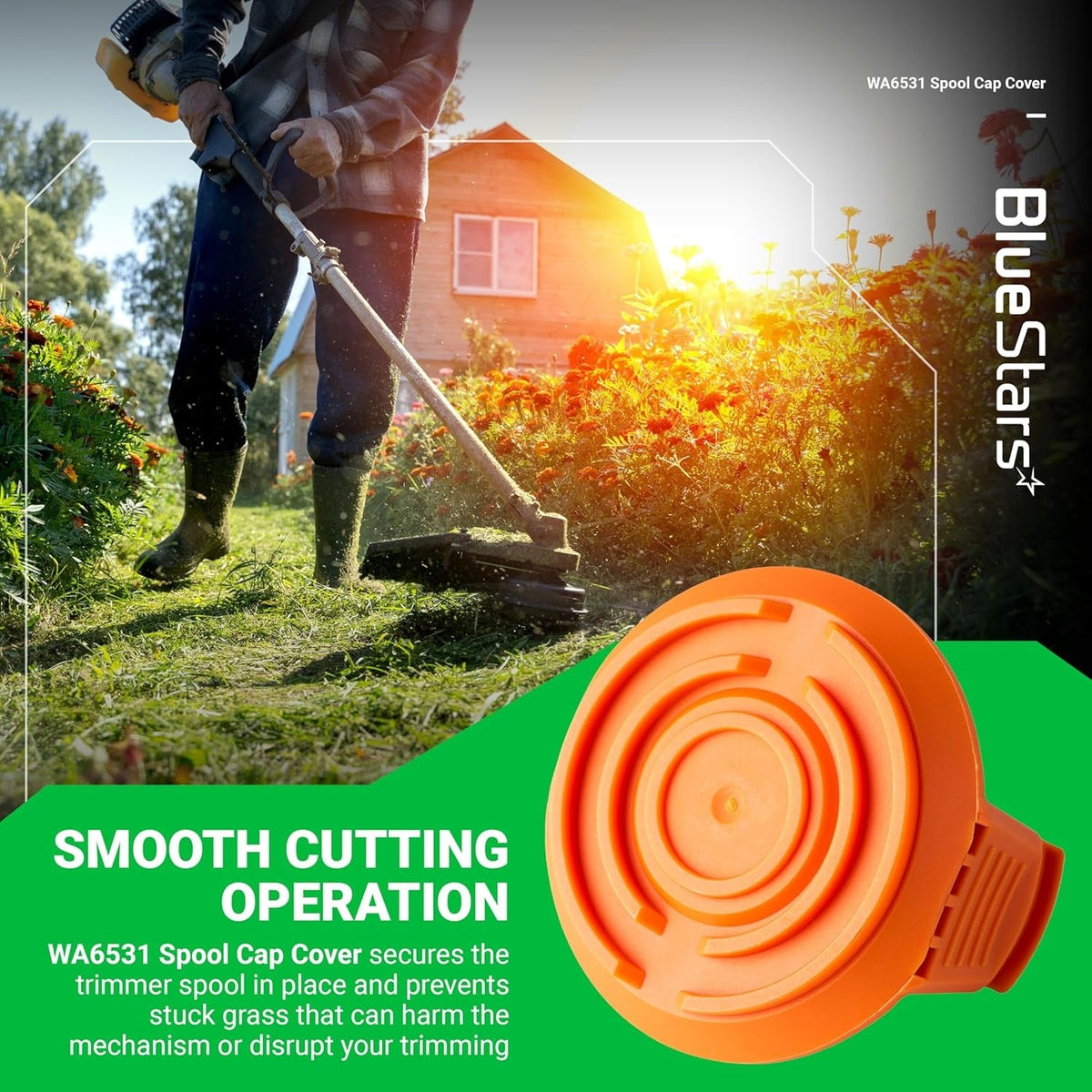 Close-up of orange WA6531 replacement spool cap cover for Worx GT trimmers with background showing grass trimming.