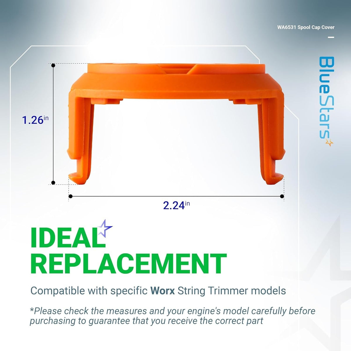 Single WA6531 orange trimmer spool cap cover with 1.26-inch height and 2.24-inch width dimensions.