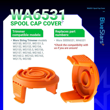 Two orange WA6531 replacement spool cap covers for Worx string trimmers shown from top and bottom angles.