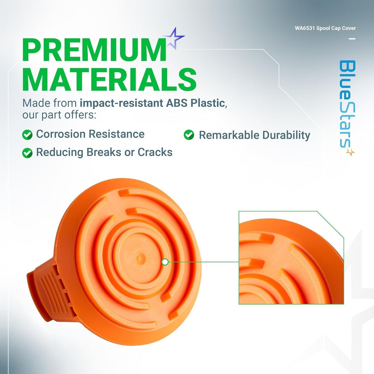 Infographic showing durable ABS plastic construction of WA6531 GT trimmer replacement spool cap cover.