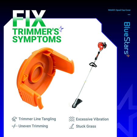 WA6531 replacement spool cap cover for Worx trimmers shown with a grass trimmer to illustrate common repair symptoms.
