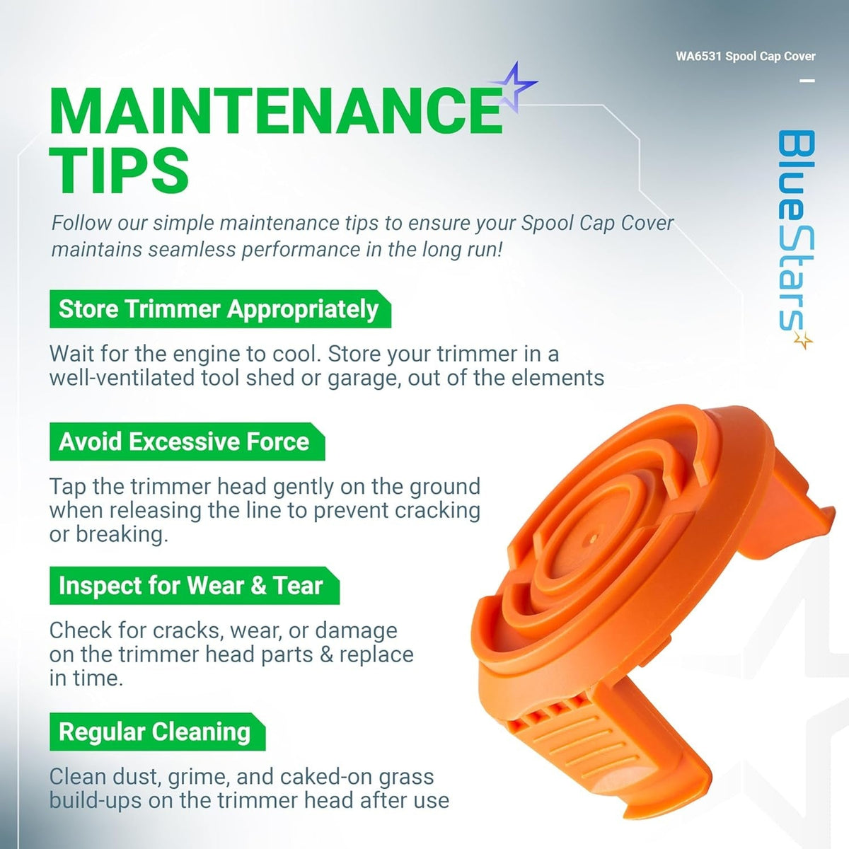 Infographic showing WA6531 GT trimmer replacement spool cap cover maintenance tips.