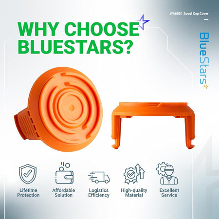 Two orange WA6531 GT trimmer replacement spool cap covers shown from top and side angles with brand benefits.