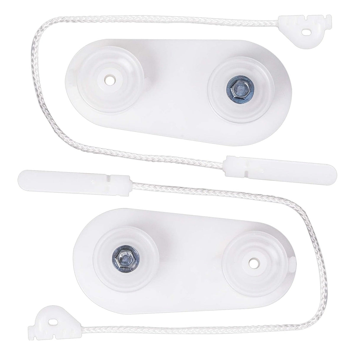 Two dishwasher door balance link cables with white plastic pulleys for Kenmore, Whirlpool, and KitchenAid dishwashers.