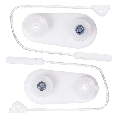 Two dishwasher door balance link cables with white plastic pulleys for Kenmore, Whirlpool, and KitchenAid dishwashers.