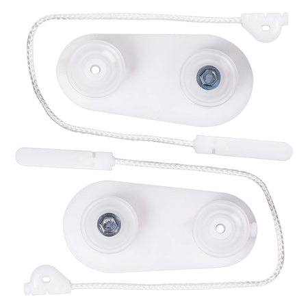 Two dishwasher door balance link cables with white plastic pulleys for Kenmore, Whirlpool, and KitchenAid dishwashers.