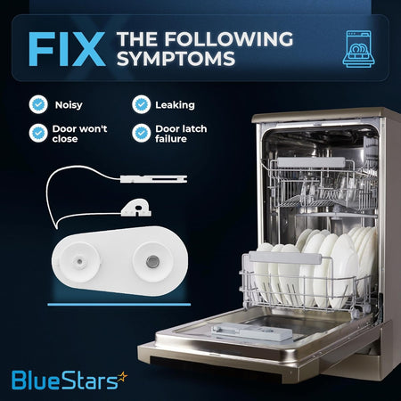 Infographic showing dishwasher door balance link kit symptoms and compatibility for Kenmore, Whirlpool, and KitchenAid.