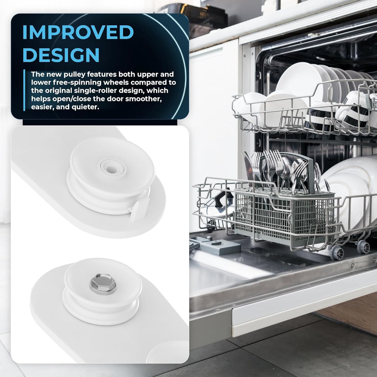 Improved dishwasher door balance link kit with dual-wheel pulley design for smoother operation.