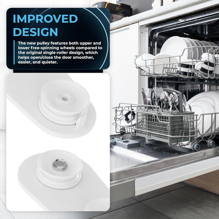 Improved dishwasher door balance link kit with dual-wheel pulley design for smoother operation.