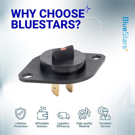 DC32-00007A Dryer Thermistor, product view with two terminals and BlueStars benefits graphics