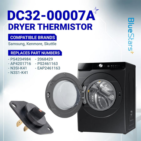 DC32-00007A Dryer Thermistor graphic showing thermistor beside an open front-load dryer, with brand and replacement-number te