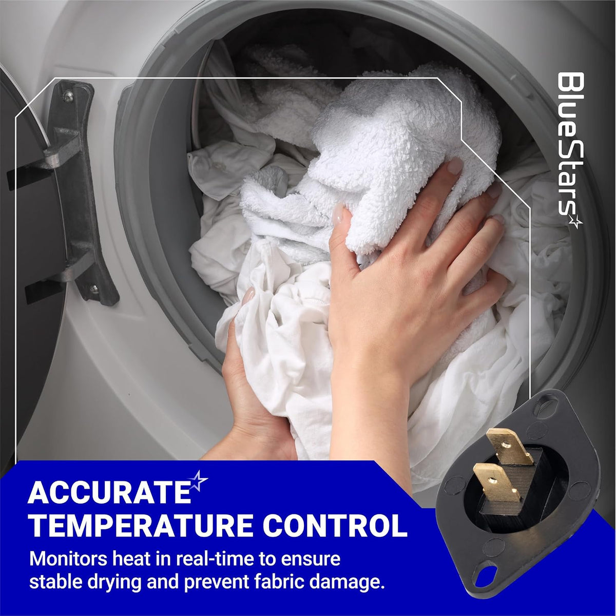 DC32-00007A Dryer Thermistor promotional graphic showing laundry in a dryer and a close-up of the electrical connector