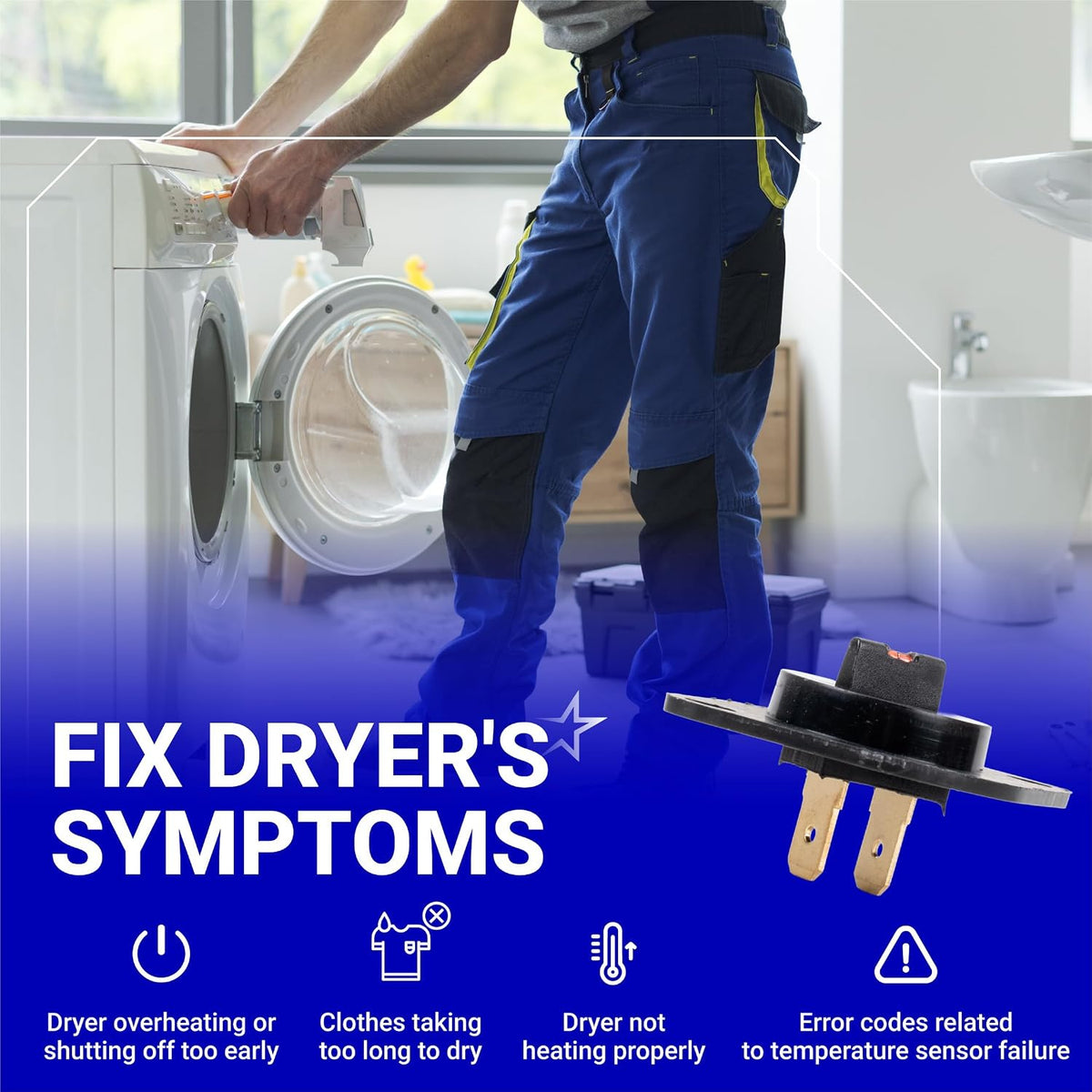 DC32-00007A Dryer Thermistor infographic showing a technician, dryer, part image, and listed dryer symptoms