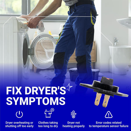 DC32-00007A Dryer Thermistor infographic showing a technician, dryer, part image, and listed dryer symptoms