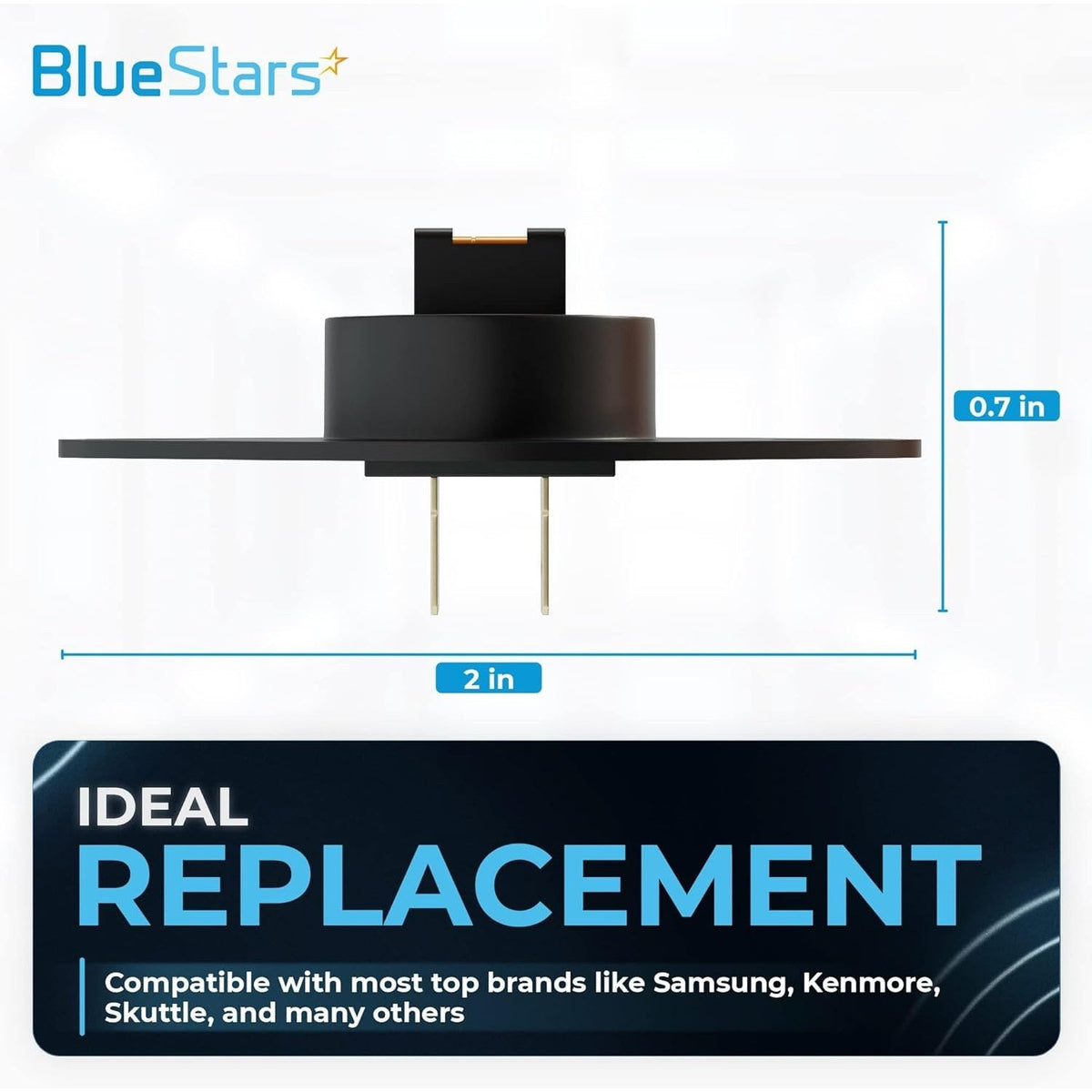DC32-00007A dryer thermistor showing 2-inch by 0.7-inch dimensions for Samsung and Kenmore dryer compatibility.