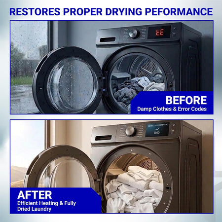 DC32-00007A Dryer Thermistor 3-Pack, before-and-after dryer comparison showing damp clothes and error codes versus dried laun