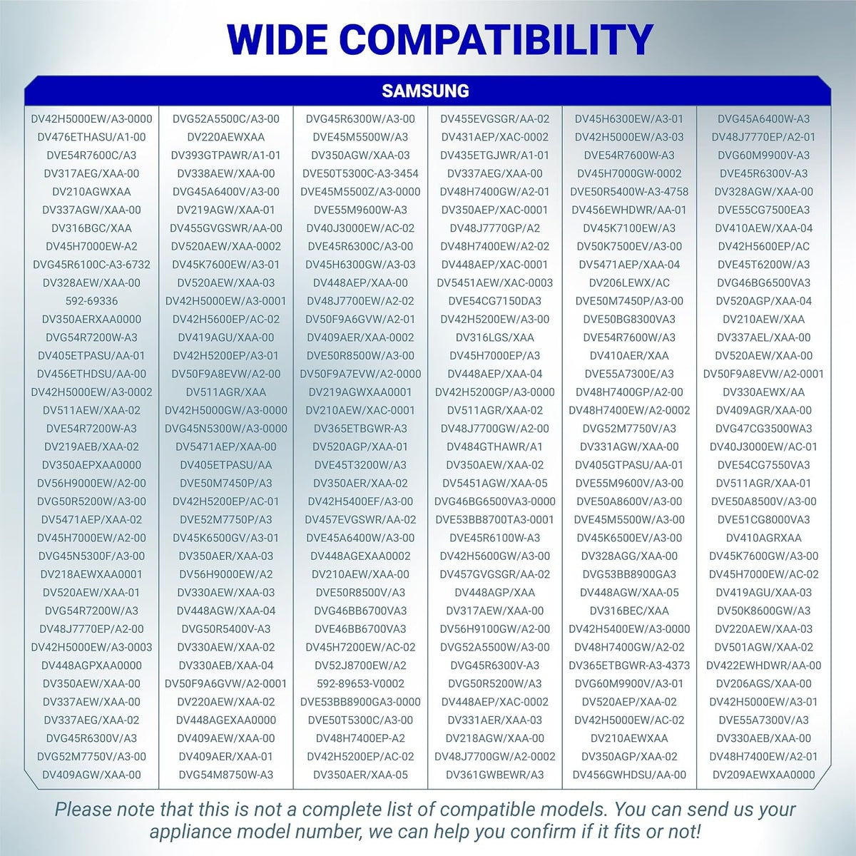 DC32-00007A Dryer Thermistor compatibility chart listing Samsung model numbers