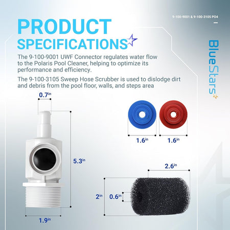 Infographic showing dimensions for Polaris pool cleaner UWF connector, sweep hose scrubbers, and foam scrubber.