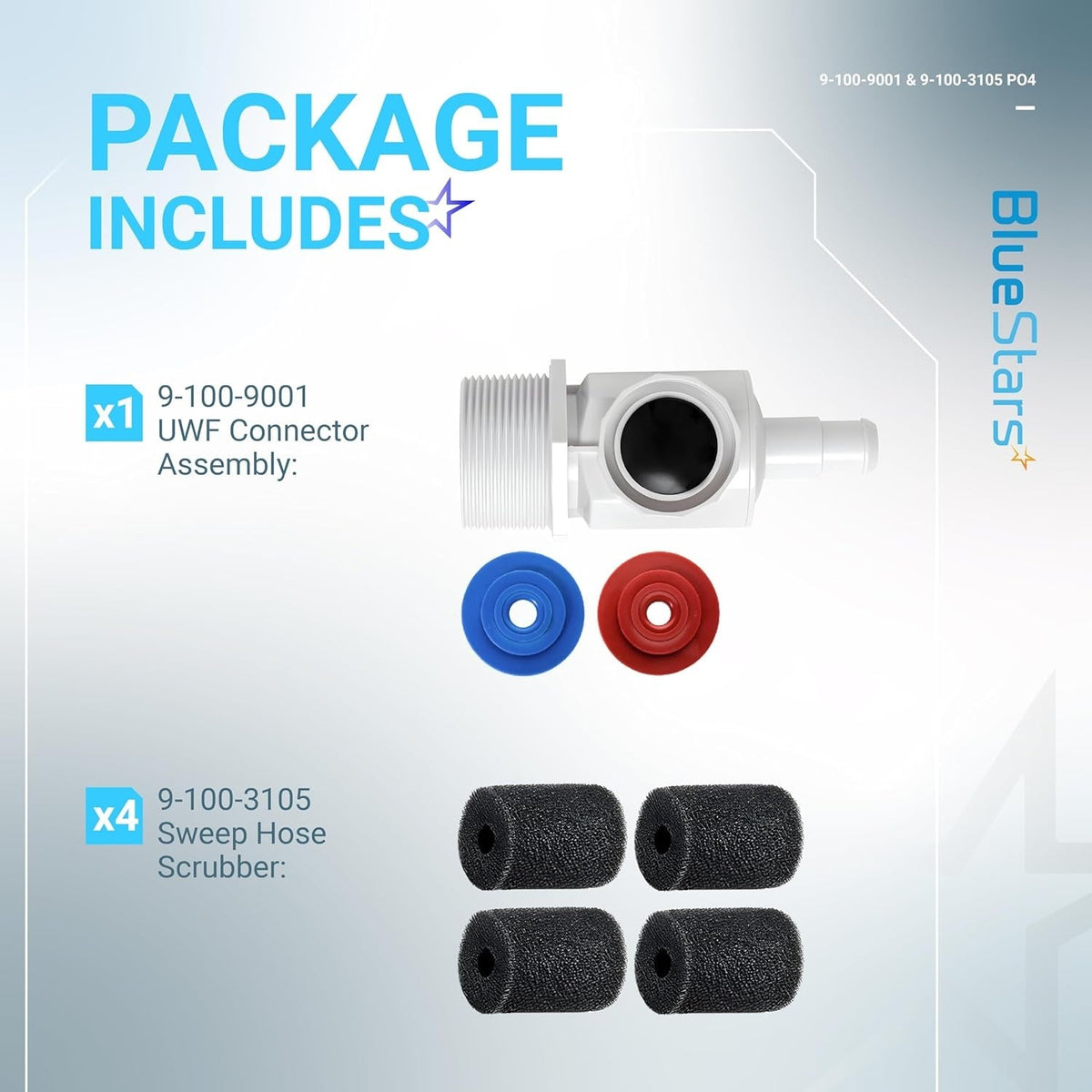 Pool cleaner replacement kit with 9-100-9001 UWF connector assembly and four 9-100-3105 sweep hose scrubbers.