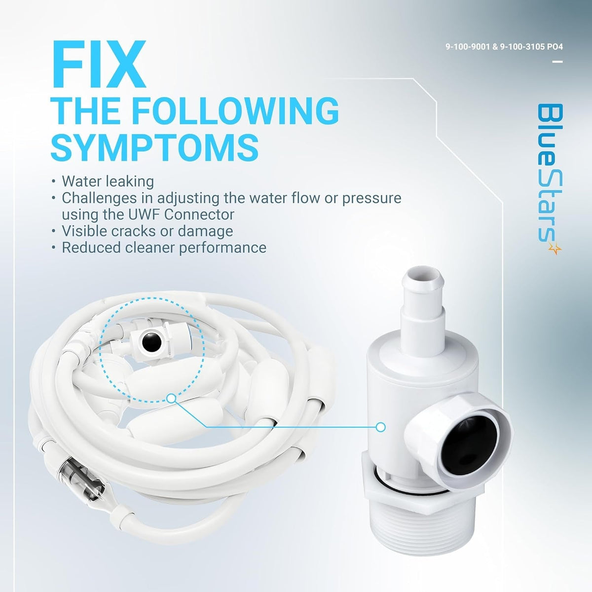 Pool cleaner UWF connector and sweep hose scrubber showing symptoms to fix for improved performance.