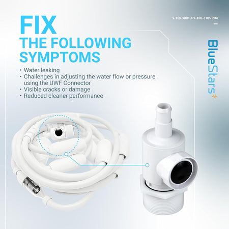Pool cleaner UWF connector and sweep hose scrubber showing symptoms to fix for improved performance.