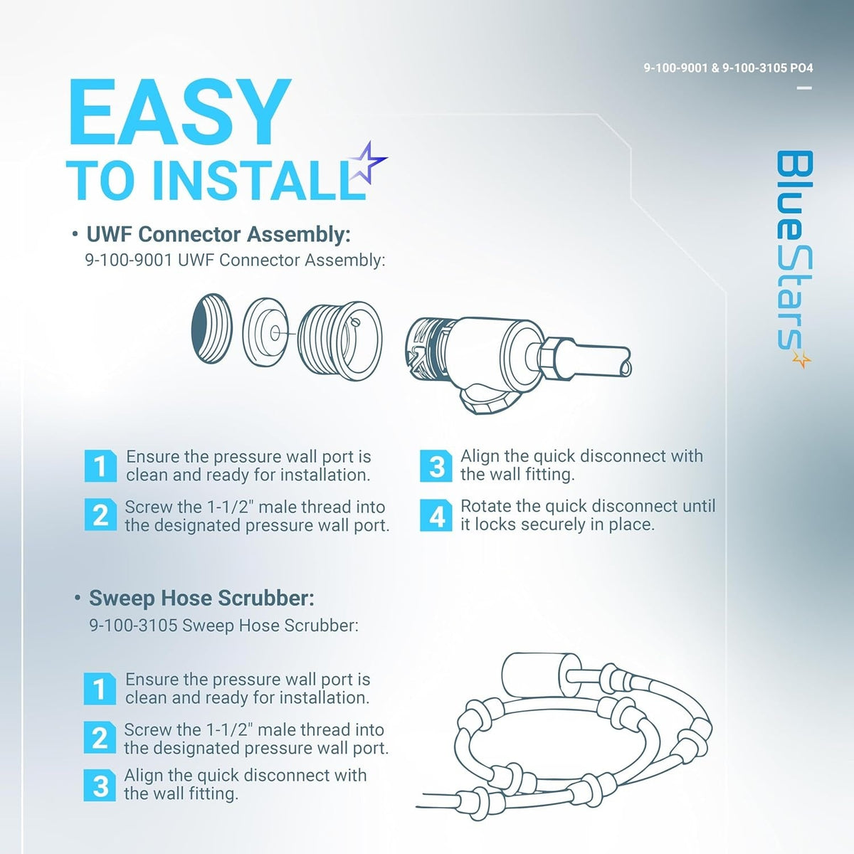Installation guide for pool cleaner 9-100-9001 UWF connector and 9-100-3105 sweep hose scrubber.