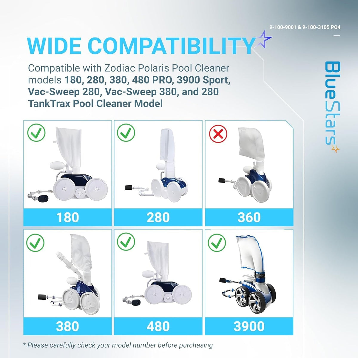 Compatibility chart for Polaris pool cleaner parts showing compatible and incompatible vacuum models.
